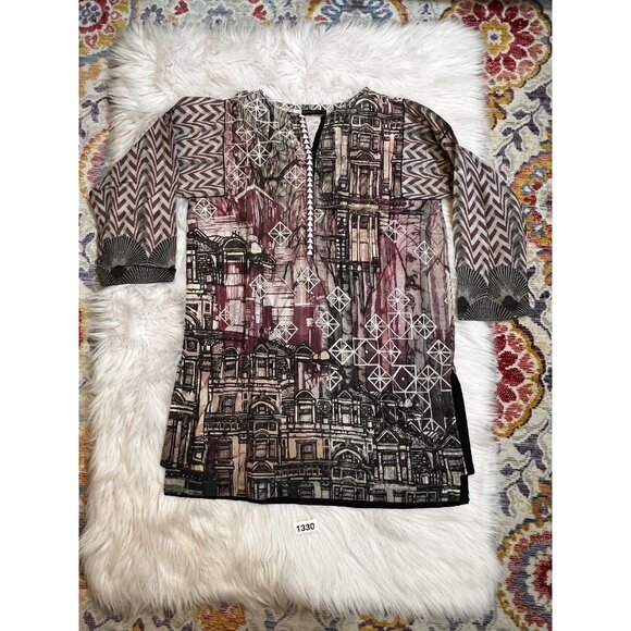 Alkaram Studio Womens Tunic Lg Cotton Multicolor 3/4 Sleeve V Neck Geometric - Picture 1 of 7